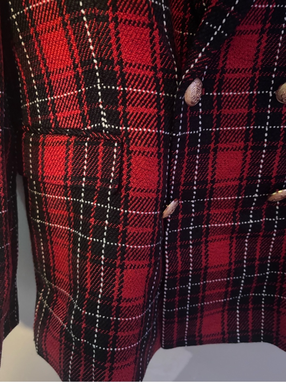 Zara Red Black Tartan Plaid Tweed Double Breasted Blazer Jacket Size Medium - Picture 10 of 12